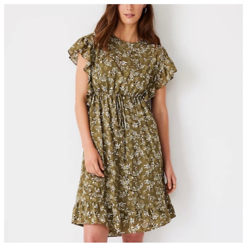 Ann Taylor Floral Olive Green Dress